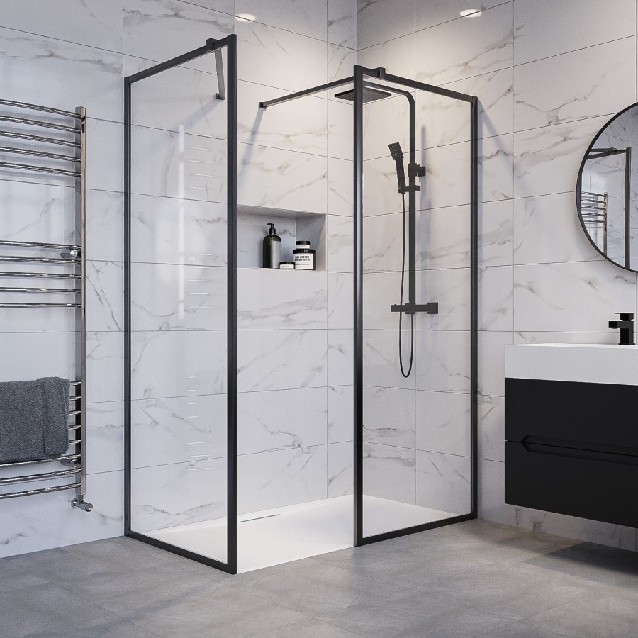 1400x800mm Black Framed Walk In Shower Enclosure with Shower Tray and Hidden waste - Zolla