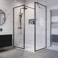 1400x900mm Black Framed Walk In Shower Enclosure and Shower Tray with Drying Area - Zolla