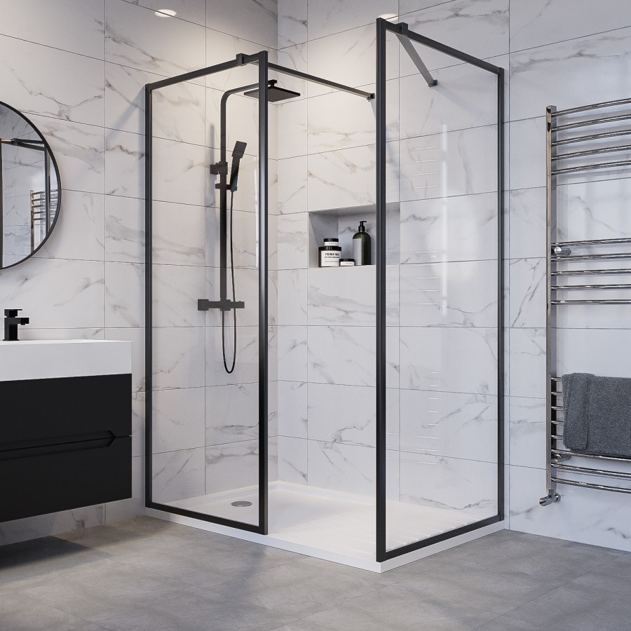 1400x900mm Black Framed Walk In Shower Enclosure and Shower Tray with Drying Area - Zolla