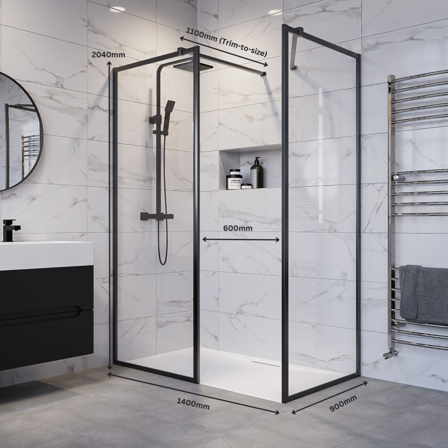 1400x900mm Black Framed Walk In Shower Enclosure and Shower Tray with Drying Area - Zolla