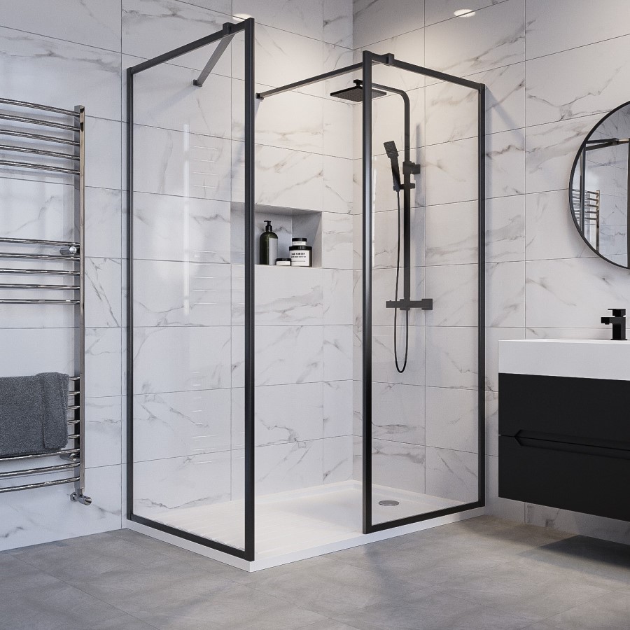 1400x900mm Black Framed Walk In Shower Enclosure and Shower Tray with Drying Area - Zolla