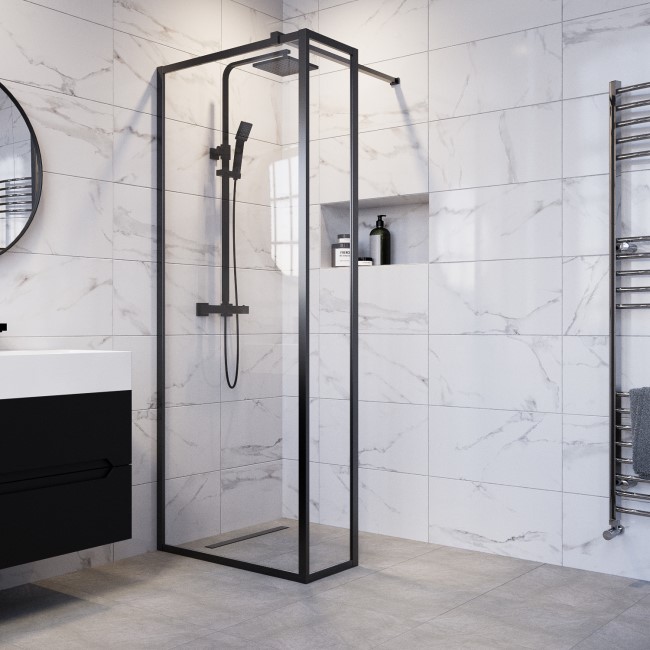 1000mm Black Framed Wet Room Shower Screen with 300mm Fixed Panel - Zolla