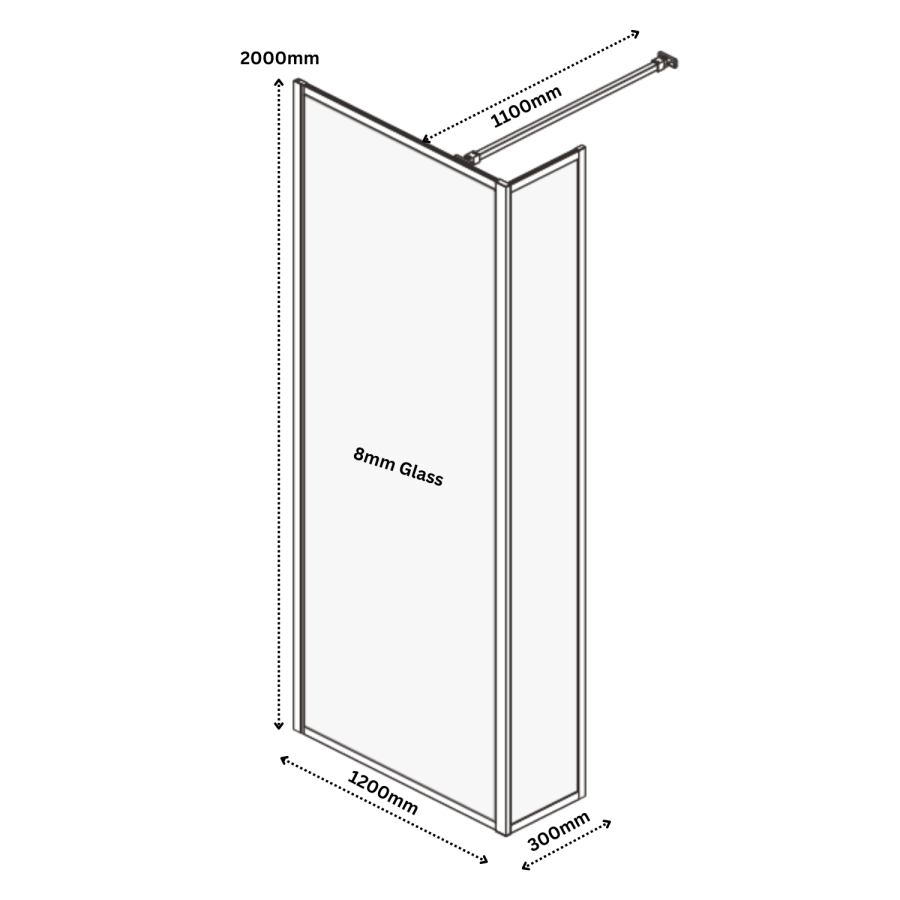 Grade A2 - 1200mm Black Framed Wet Room Shower Screen with Return Panel - Zolla