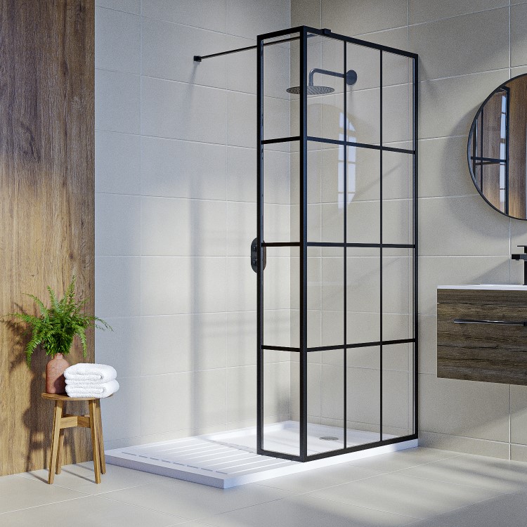 Wet Room Shower Screen 800mm Black Grid Framework with 300mm Fixed Panel and Wall Support Bar - Nova