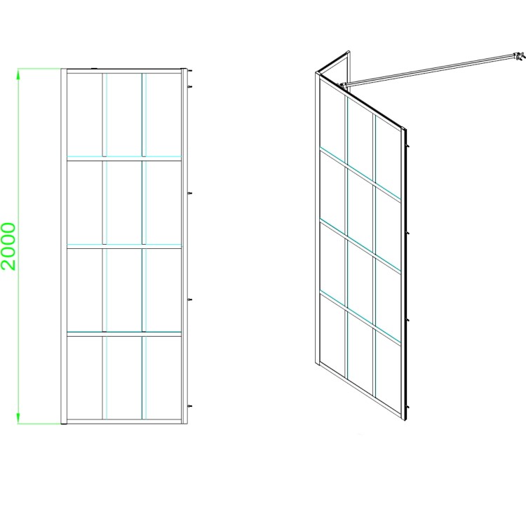 Wet Room Shower Screen 800mm Black Grid Framework with 300mm Fixed Panel and Wall Support Bar - Nova