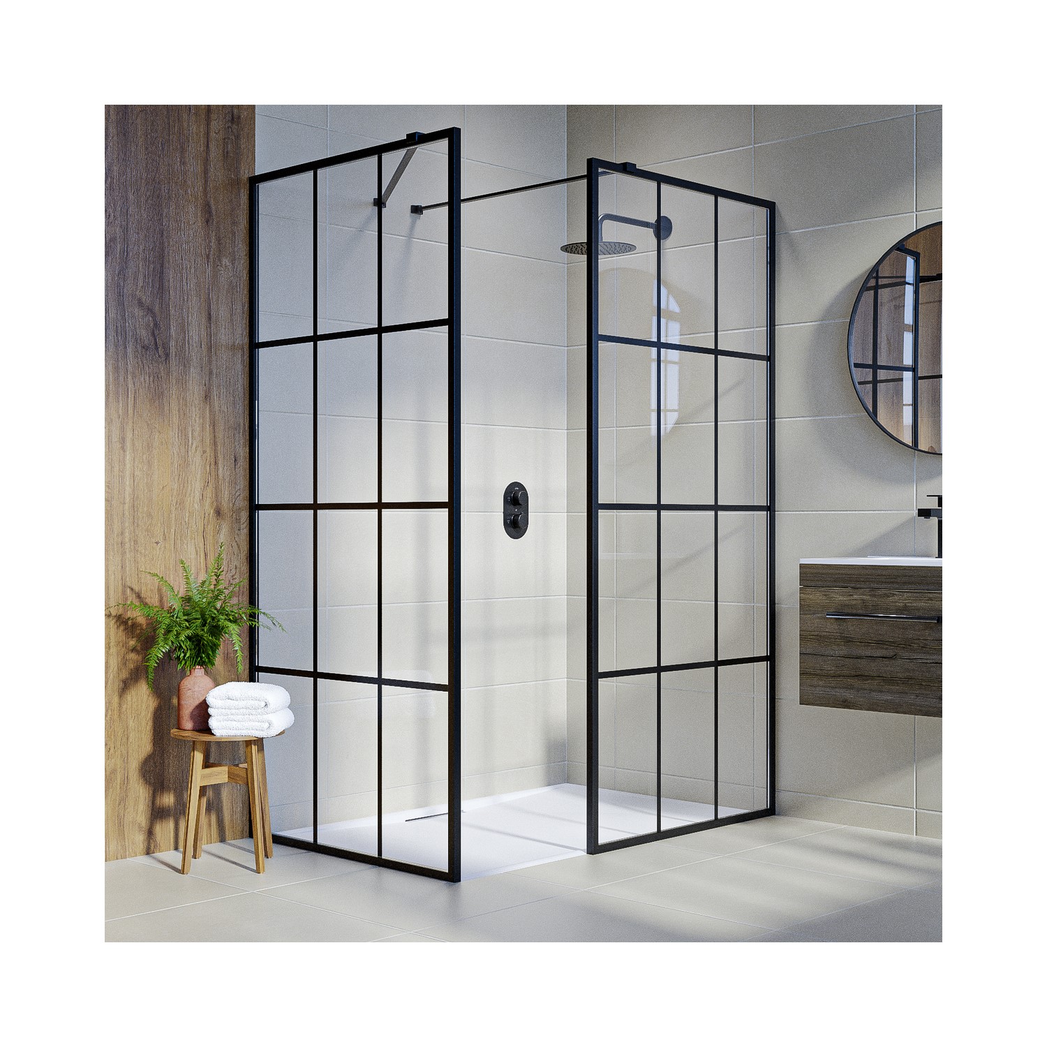 1400x900mm Black Grid Walk In Shower Enclosure and Shower Tray with
