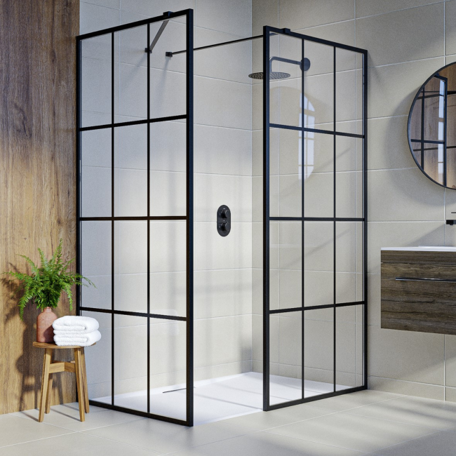 1400x900mm Black Grid Walk In Shower Enclosure and Shower Tray  - Nova