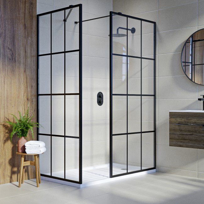 1400x800mm Black Grid Framework Wet Room Shower Screen Enclosure and Shower Tray with Drying Area - Nova