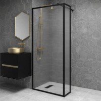 Grade A1 - 900mm Black Fluted Glass Wet Room Shower Screen with Return Panel - Volan