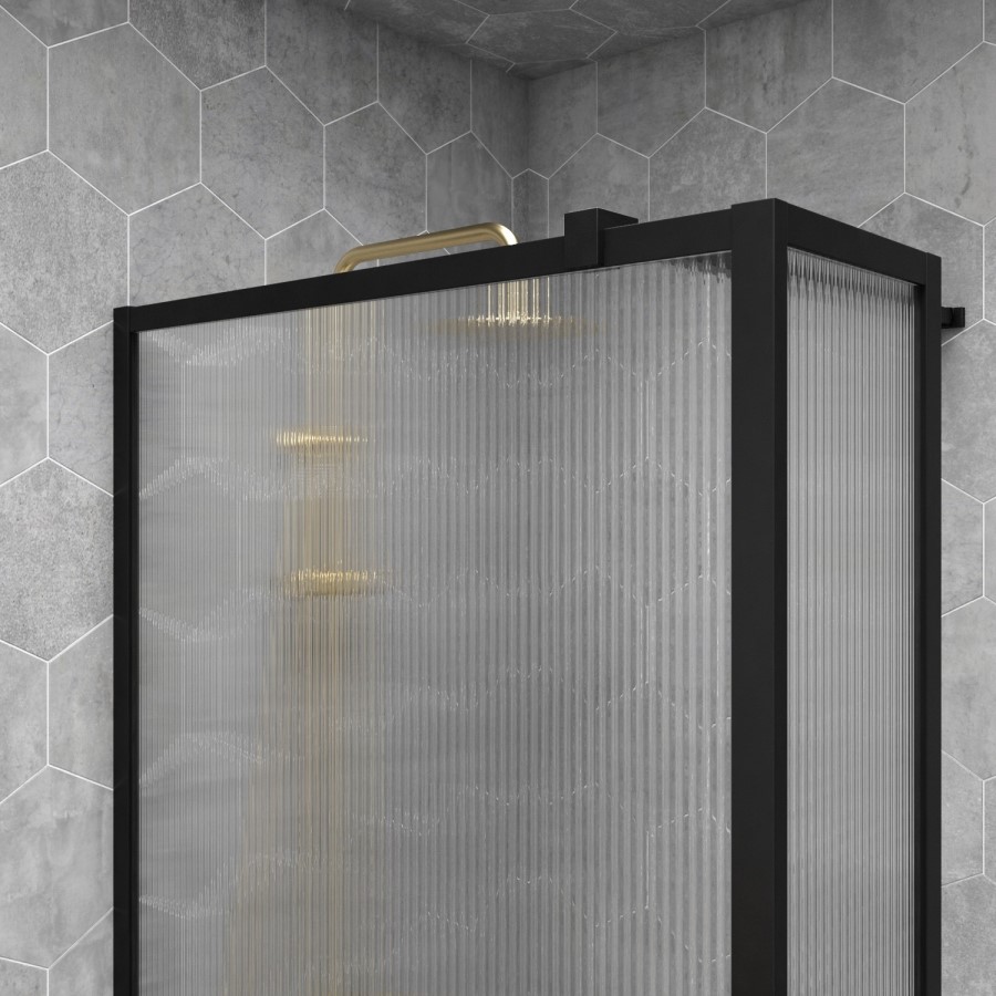 Grade A1 - 900mm Black Fluted Glass Wet Room Shower Screen with Return Panel - Volan