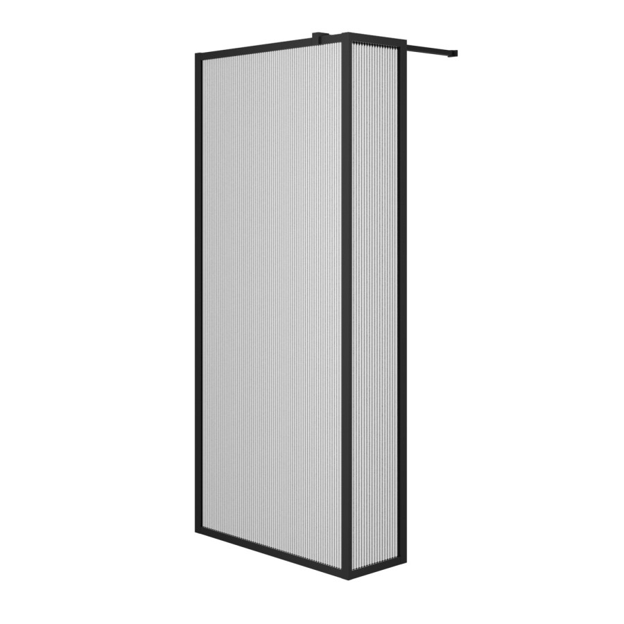 Grade A1 - 900mm Black Fluted Glass Wet Room Shower Screen with Return Panel - Volan
