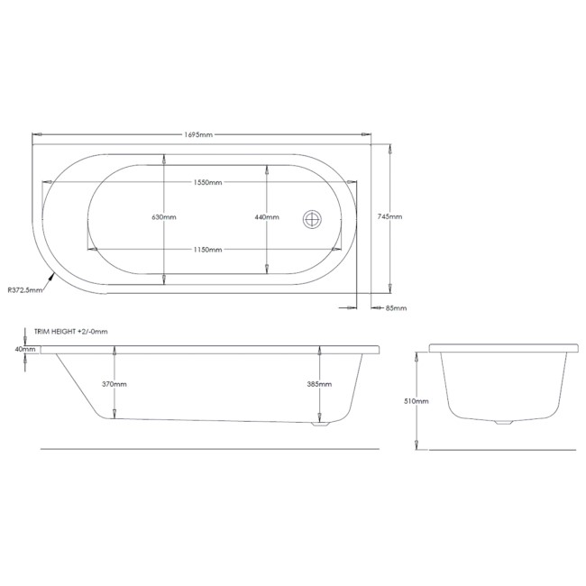 J Shape Shower Bath Right Hand with Front Panel & Black Bath Screen with Towel Rail 1700 x 750mm - Jersey