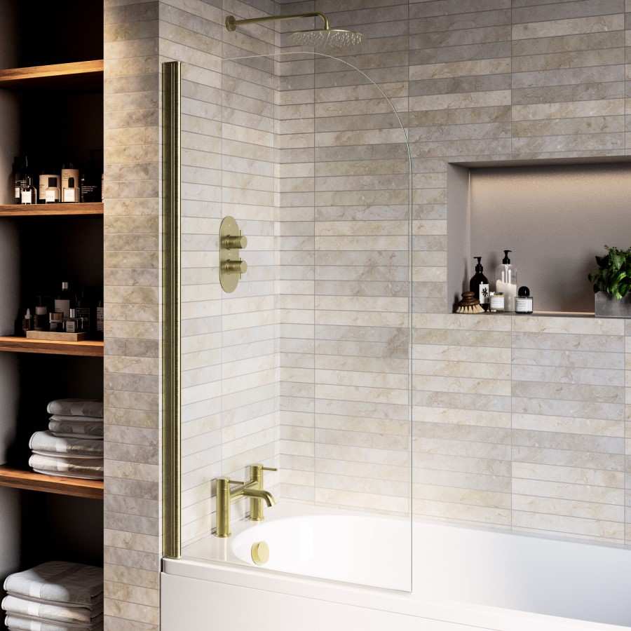 Jersey J Shaped Right Hand Bath 1700mm x 750 with Front Panel and Hinged Brushed Brass Screen
