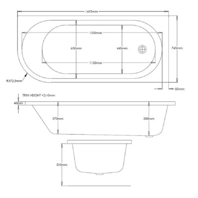 Jersey J Shaped Left Hand Bath with Bath Panel - 1700mm x 750mm 