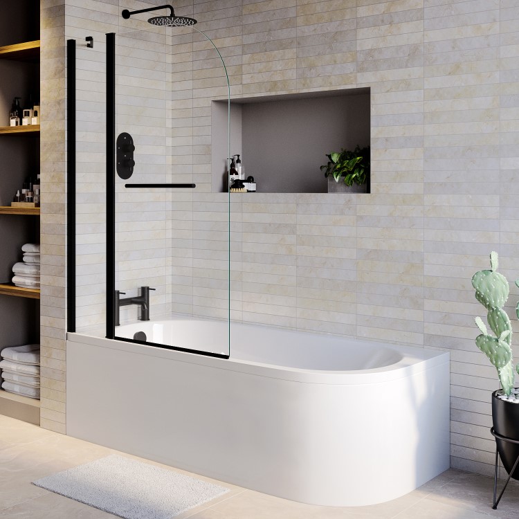 Grade A1 - J Shape Shower Bath Left Hand with Front Panel & Black Bath Screen with Towel Rail 1700 x 750mm - Jersey