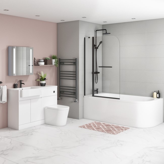 Bali Matt White Toilet and Basin Vanity Combination with J Shape Left Hand Bath & Screen Suite
