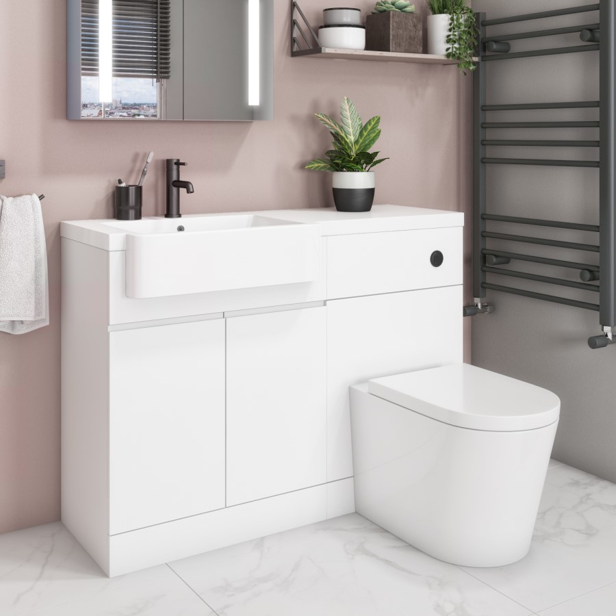 Bali Matt White Toilet and Basin Vanity Combination with J Shape Left Hand Bath & Screen Suite