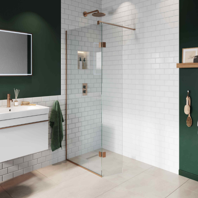 Wet Room Shower Screen 700mm Bronze Frameless with 350mm Hinged Flipper Panel and Wall Support Bar - Live Your Colour