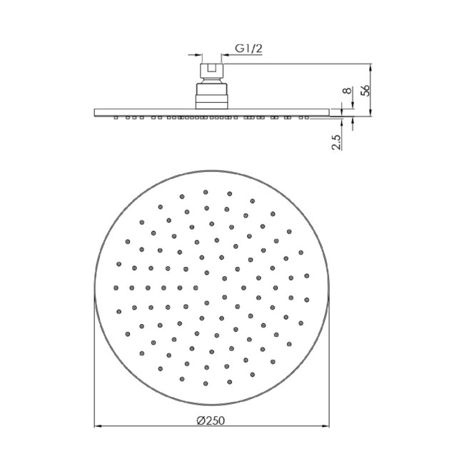 250mm Nickel Round Rainfall Shower Head with Wall Arm