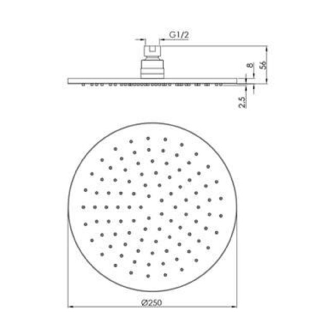 250mm Nickel Round Rainfall Shower Head with Ceiling Arm