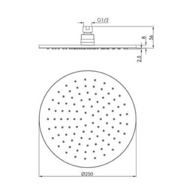 250mm Nickel Round Rainfall Shower Head with Ceiling Arm