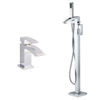 Chrome Freestanding Bath Shower Mixer and Basin Tap Set - Wave