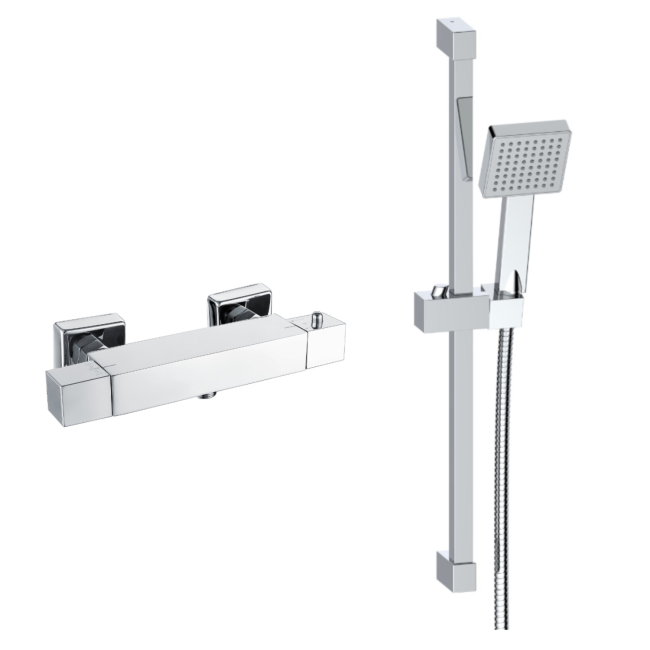 Chrome Thermostatic Square Bar Mixer Shower Set with Slide Rail Kit - Cube