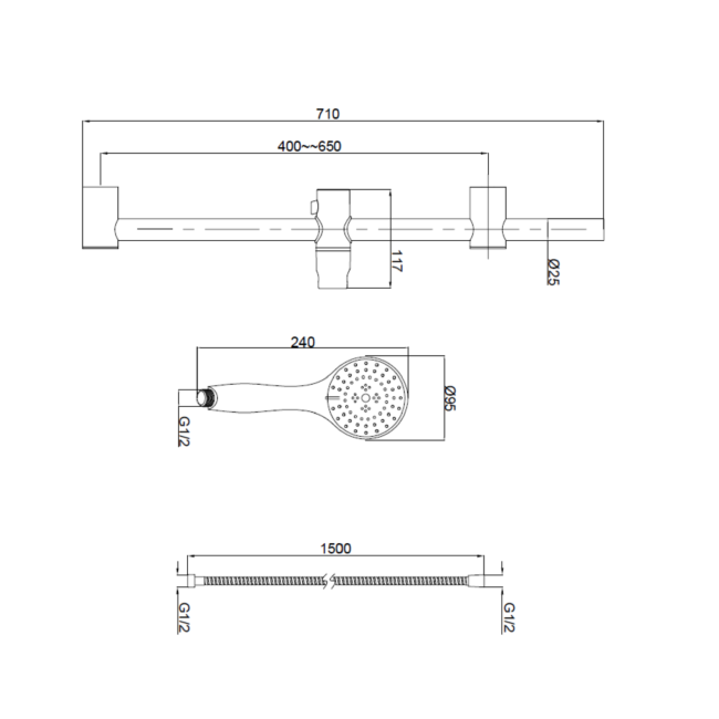 Chrome Thermostatic Round Bar Mixer Shower Set with Slide Rail Kit - Flow