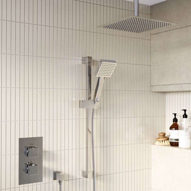 Chrome Dual Outlet Ceiling Mounted Thermostatic Mixer Shower Set with Hand Shower - Cube