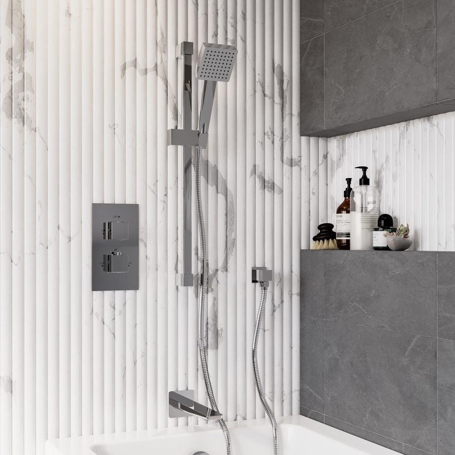 Chrome 2 Outlet Thermostatic Bath Mixer Shower Set With Hand Shower and Bath Filler Spout - Zana