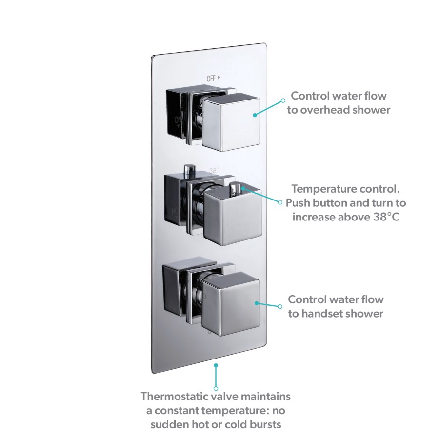 Chrome Dual Outlet Thermostatic Mixer Shower with Square Wall Mounted Shower Head and Handset - Cube