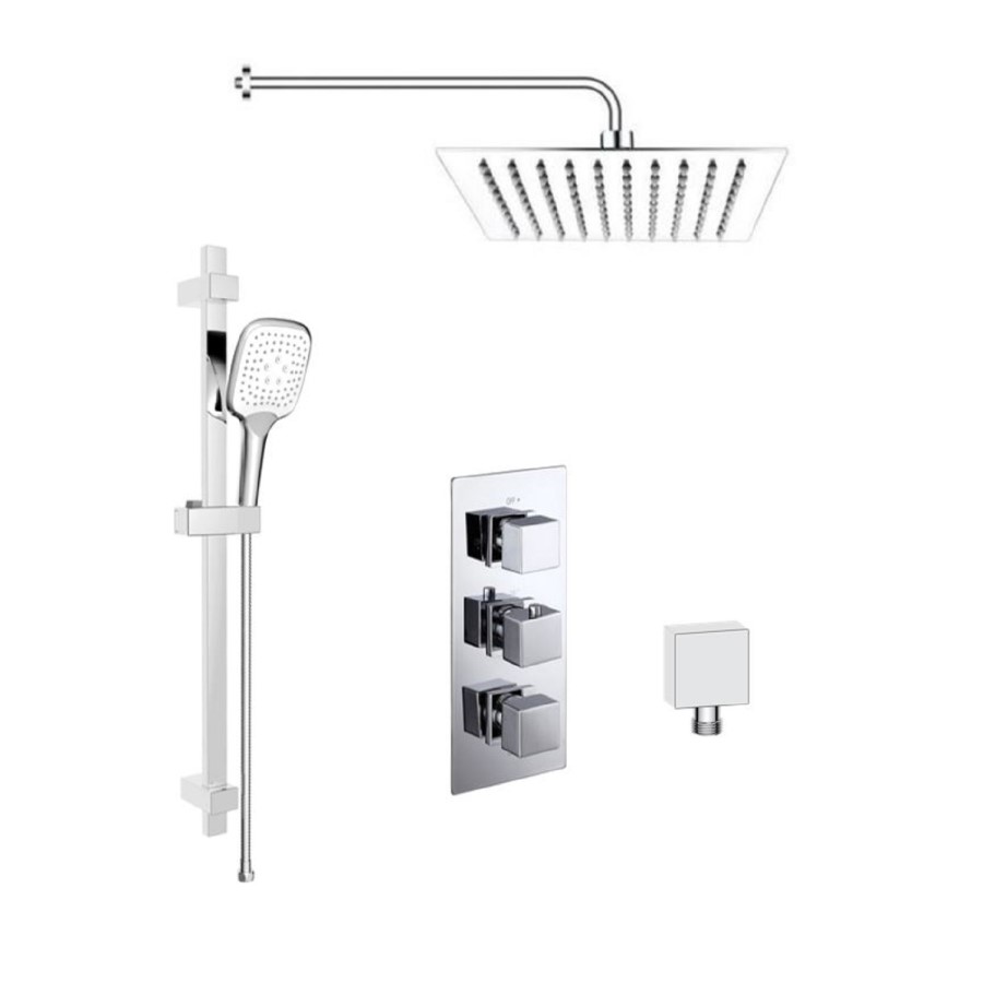 Chrome Dual Outlet Thermostatic Mixer Shower with Square Wall Mounted Shower Head and Handset - Cube