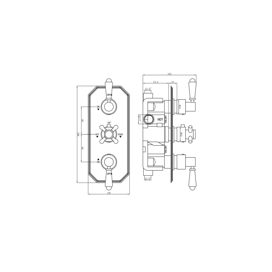 Traditional Three Handle Concealed Thermostatic Mixer Shower with Wall Mounted Shower Head Handset & Bath Filler - Cambridge