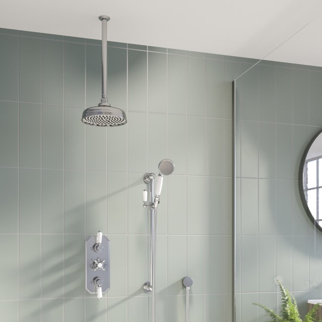 Chrome Dual Outlet Ceiling Mounted Thermostatic Mixer Shower Set with Hand Shower - Cambridge