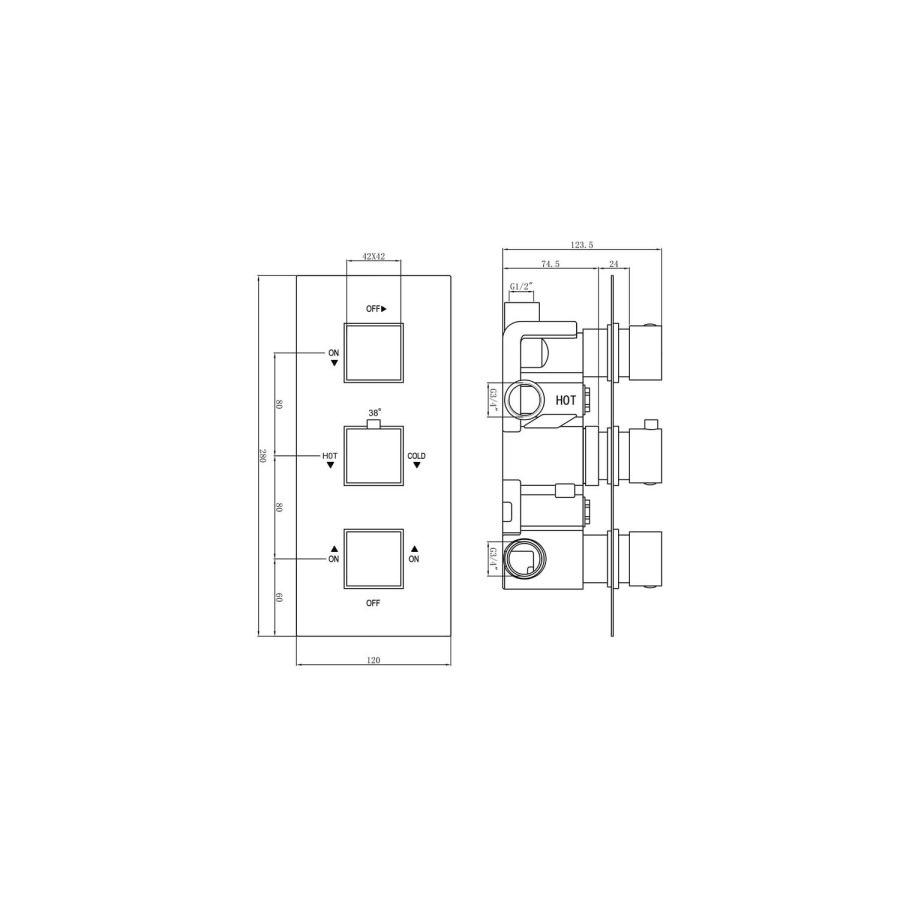 Chrome Concealed Shower Mixer with Triple Control & Square Wall Mounted Head, Handset and Body Jets - Cube