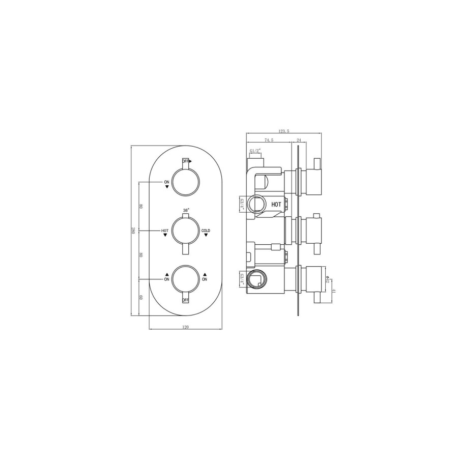 Chrome Concealed Shower Mixer with Triple Control & Square Wall Mounted Head, Handset and Bath Filler - Flow
