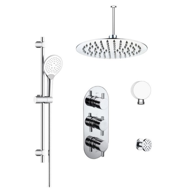 Chrome Concealed Shower Mixer with Triple Control & Square Ceiling Mounted Head, Handset and Body Jets - Flow