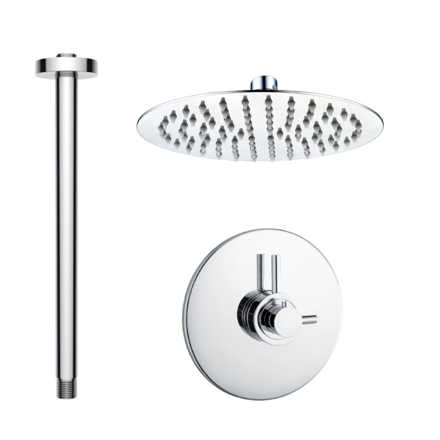 Chrome Single Outlet Thermostatic Mixer Shower with Round Ceiling Mounted Shower Head - Volta