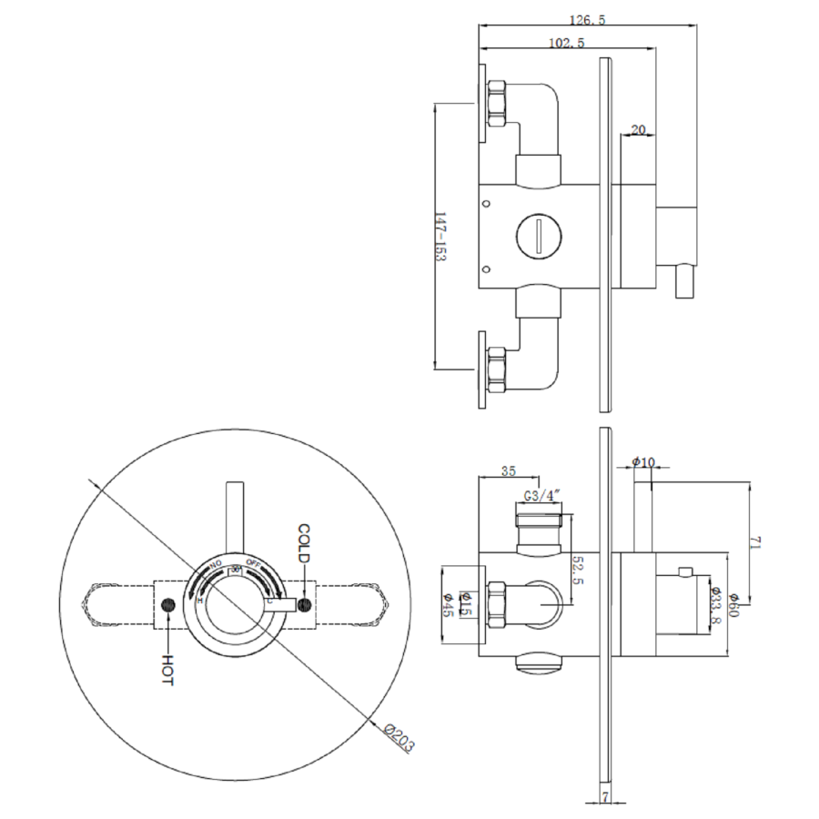Chrome Single Outlet Thermostatic Mixer Shower with Round Ceiling Mounted Shower Head - Volta