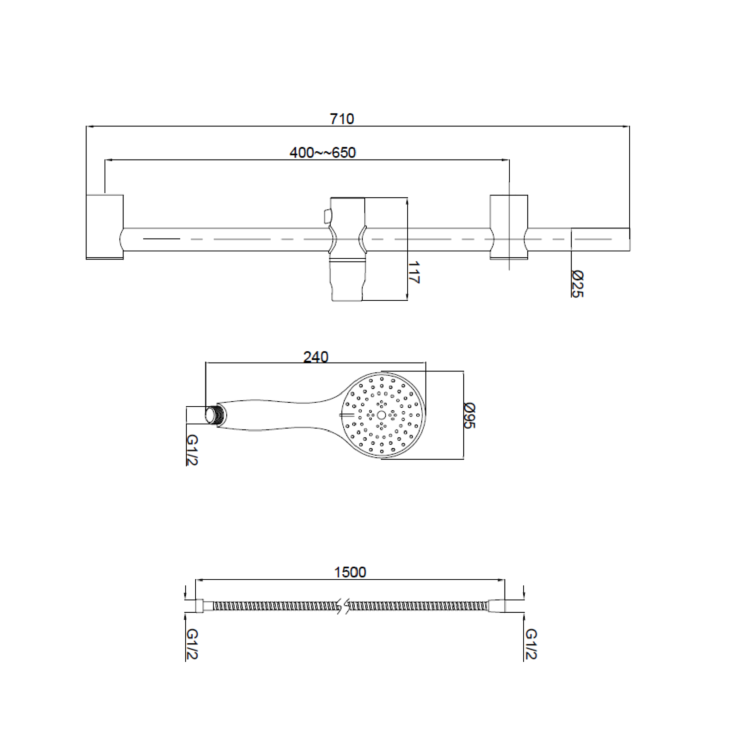 Chrome Round Easy Adjustable Height Slide Rail Kit with Hand Shower