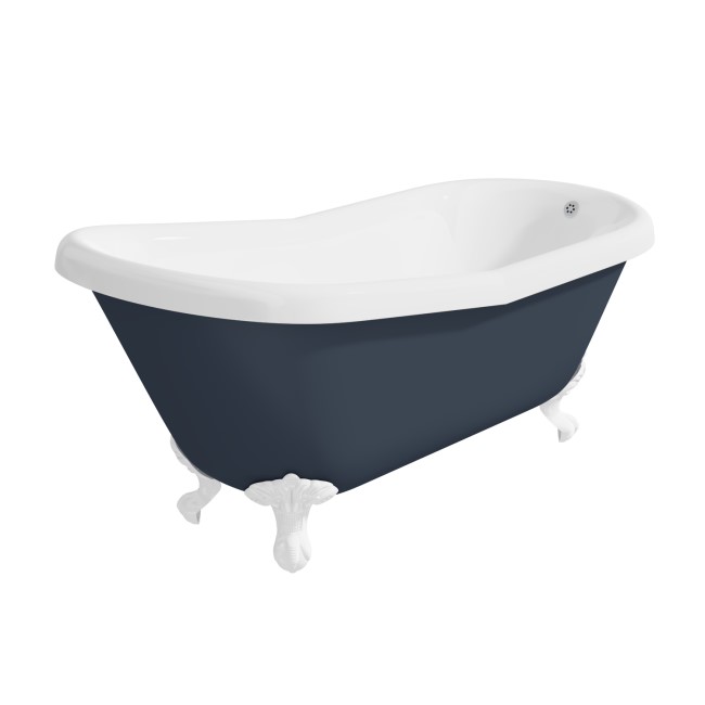 Blue Freestanding Single Ended Roll Top Slipper Bath with White Feet 1615 x 690mm - Baxenden