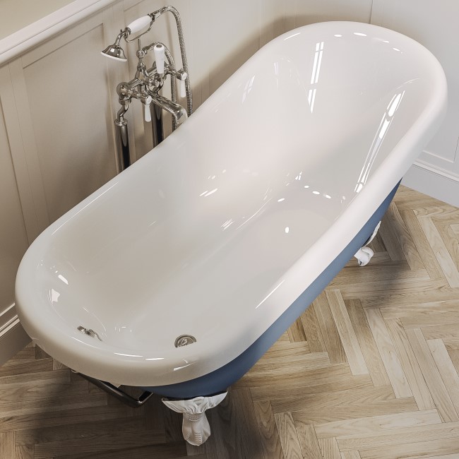 Blue Freestanding Single Ended Roll Top Slipper Bath with White Feet 1615 x 690mm - Baxenden