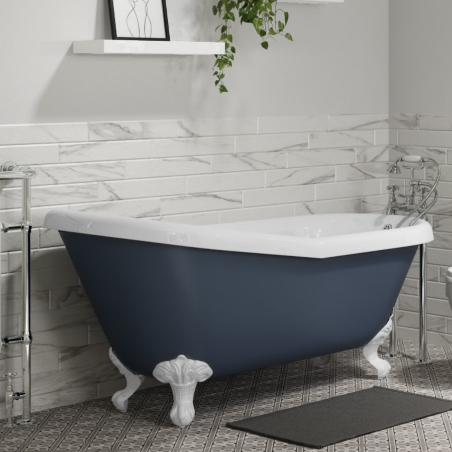 Grade A2 - Blue Freestanding Single Ended Roll Top Slipper Bath with White Feet 1615 x 690mm - Baxenden