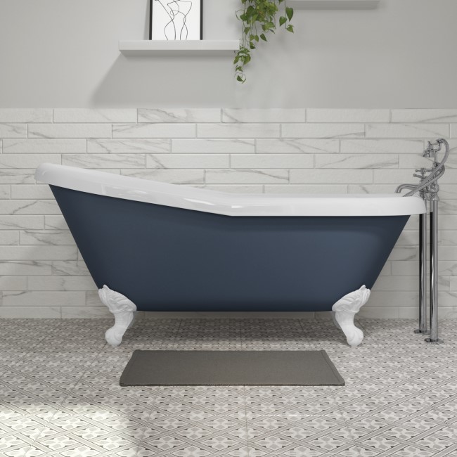 Blue Freestanding Single Ended Roll Top Slipper Bath with White Feet 1615 x 690mm - Baxenden