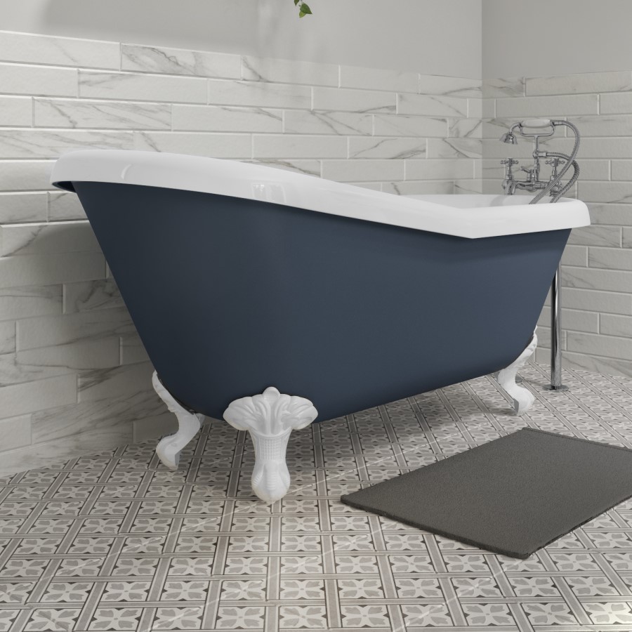 Grade A2 - Blue Freestanding Single Ended Roll Top Slipper Bath with White Feet 1615 x 690mm - Baxenden