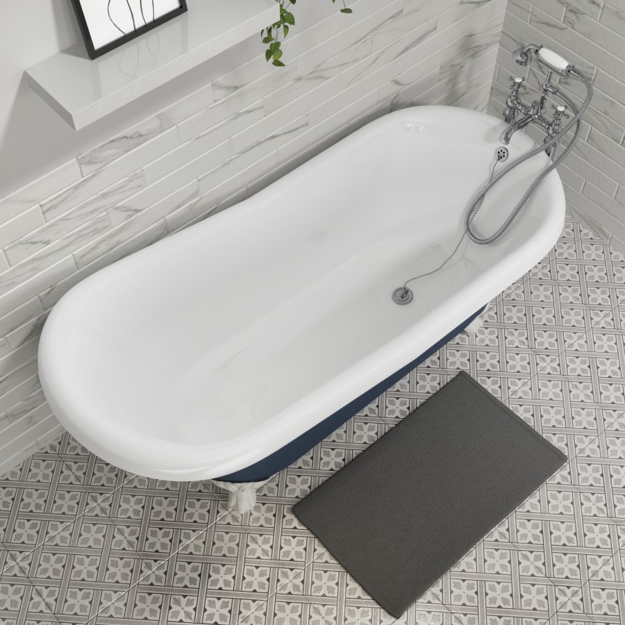 Grade A2 - Blue Freestanding Single Ended Roll Top Slipper Bath with White Feet 1615 x 690mm - Baxenden
