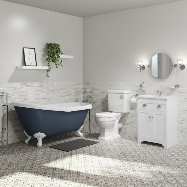 Blue Freestanding Single Ended Roll Top Slipper Bath with White Feet 1615 x 690mm - Baxenden