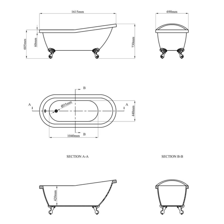Grade A2 - Blue Freestanding Single Ended Roll Top Slipper Bath with White Feet 1615 x 690mm - Baxenden