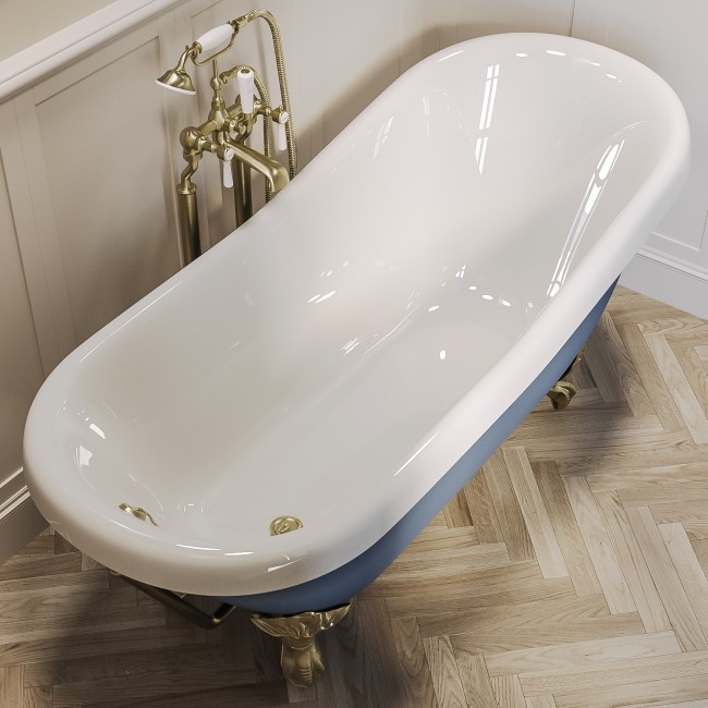 Blue Freestanding Single Ended Roll Top Slipper Bath with Brushed Brass Feet 1615 x 690mm - Baxenden