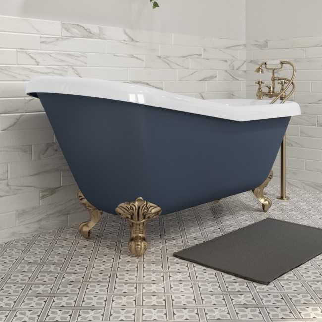 Blue Freestanding Single Ended Roll Top Slipper Bath with Brushed Brass Feet 1615 x 690mm - Baxenden